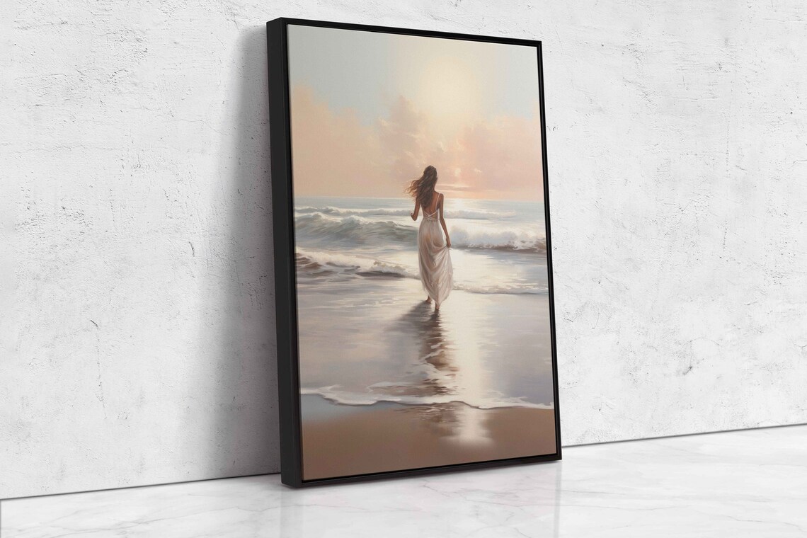 Woman Walking Beach Ocean Waves Sunrise White Dress Serene Coastal Print - Image 4