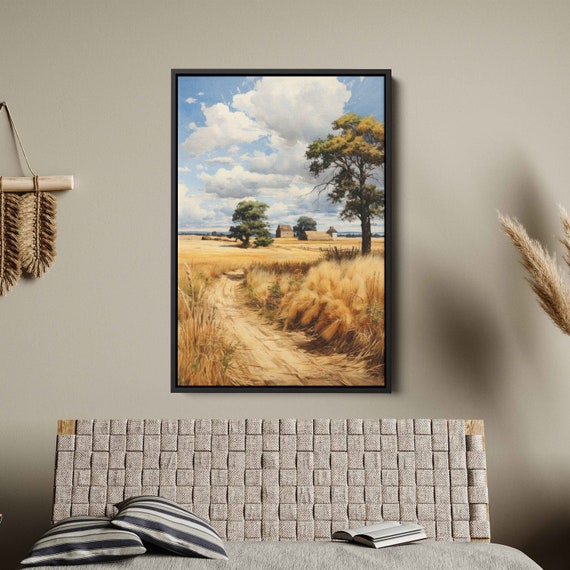 Wheat Fields Watercolor Wall Art Print Rural Farm Life Old Farmhouse Cloudy Skies Ready To Hang