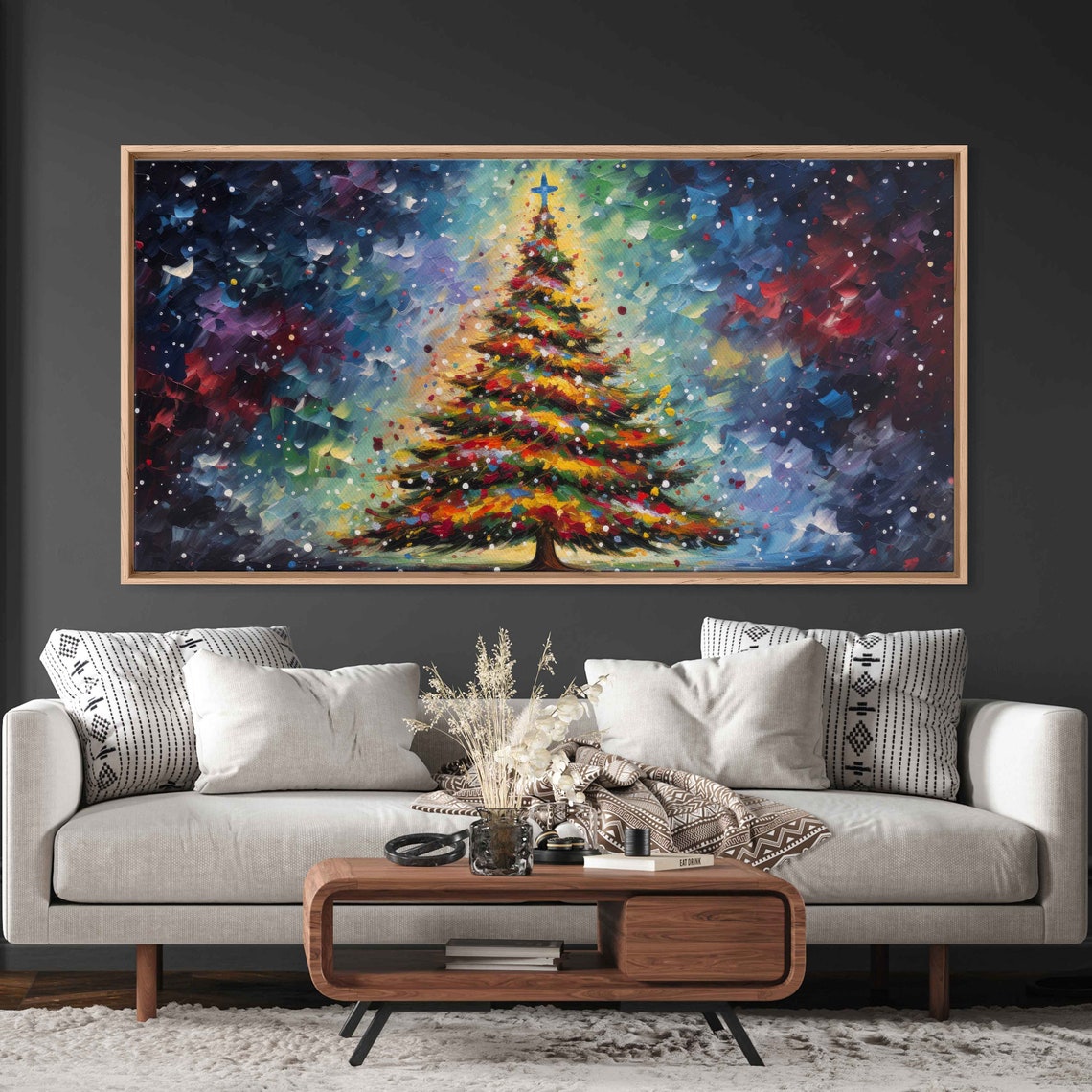 Vibrant Christmas Tree Colorful Impasto Cosmic Sky Painting Poster