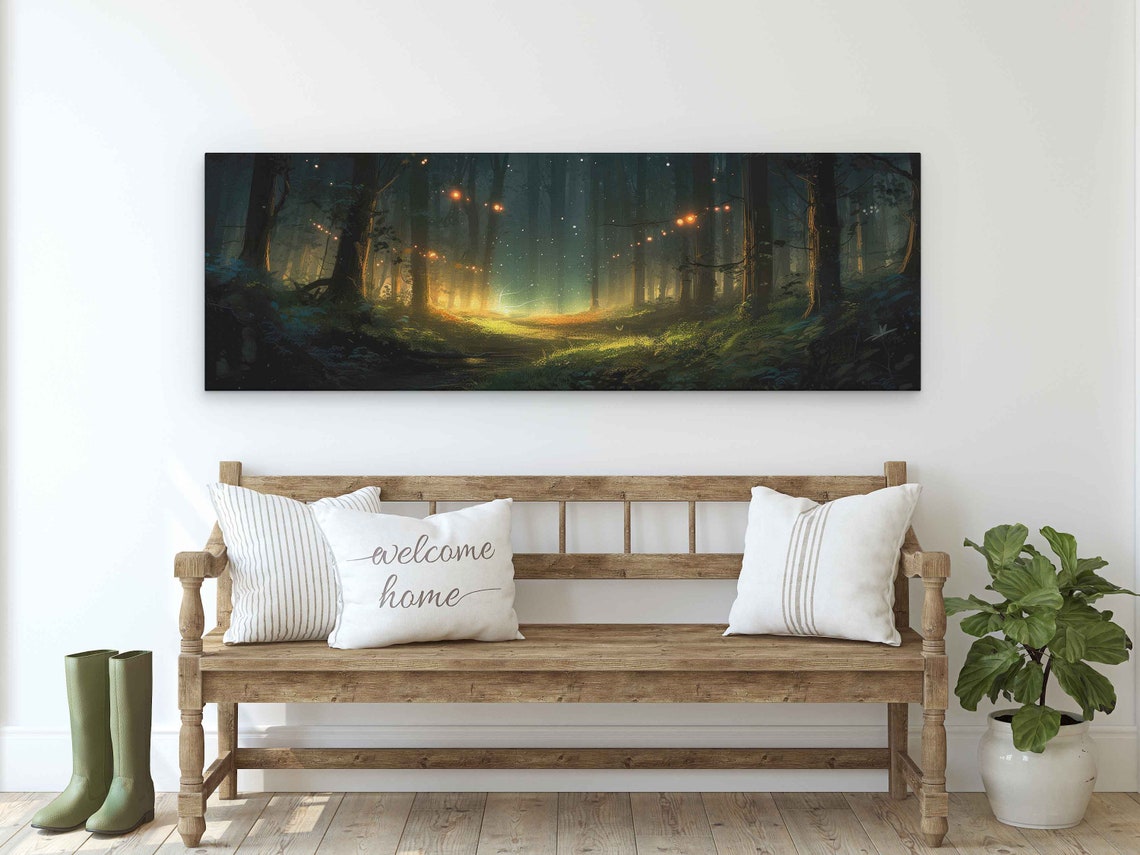 Enchanted Firefly Forest Night Glowing Panoramic Wall Art Poster - Image 3