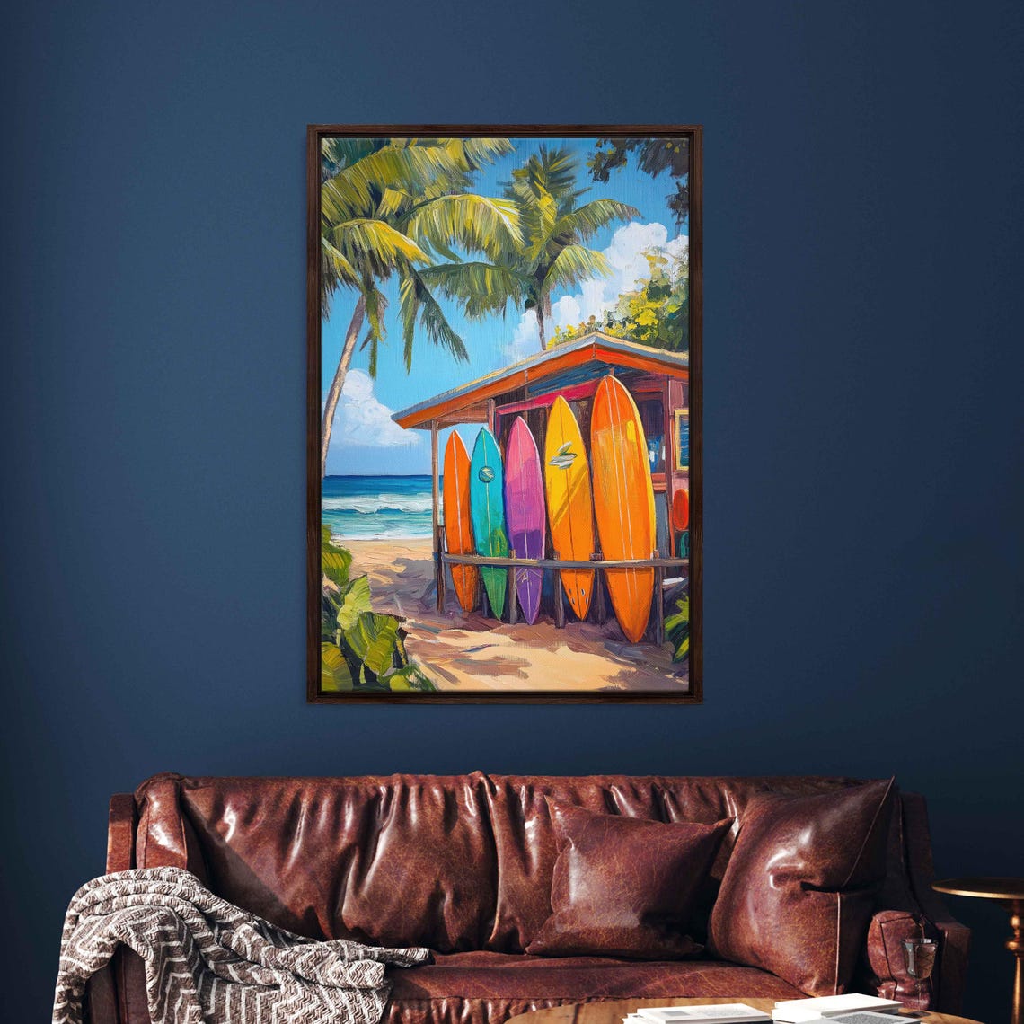 Surfboards Resting Against Shack On Sandy White Beach Wall Art Print Gift For Surfer Palm Trees Ocean Painting Ready To Hang