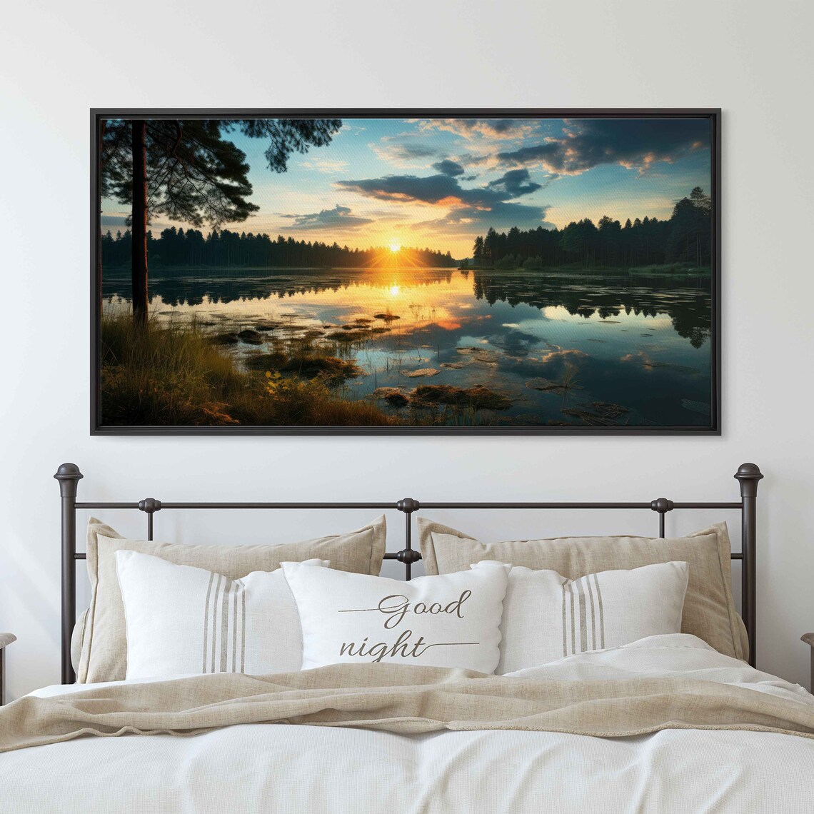 Golden Sunrise Forest Lake Still Water Reflection Reeds Nature Poster - Image 3