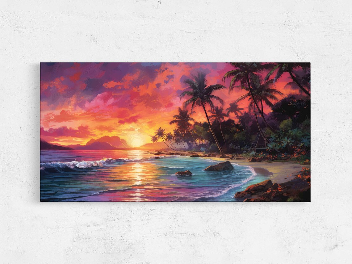 Colorful Neon Beach Sunset Oil Painting Art Print