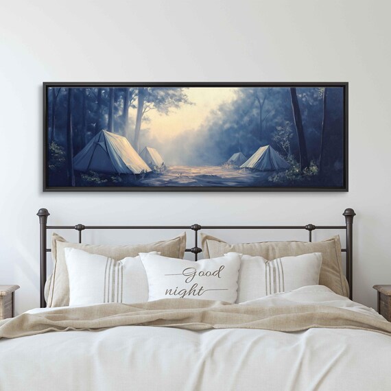 Foggy Forest Campsite Tents Ethereal Dawn Glow Muted Blue Nature Poster