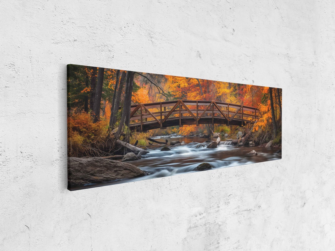 Rustic Wooden Bridge Over River In Autumn Forest Panoramic Poster - Image 4