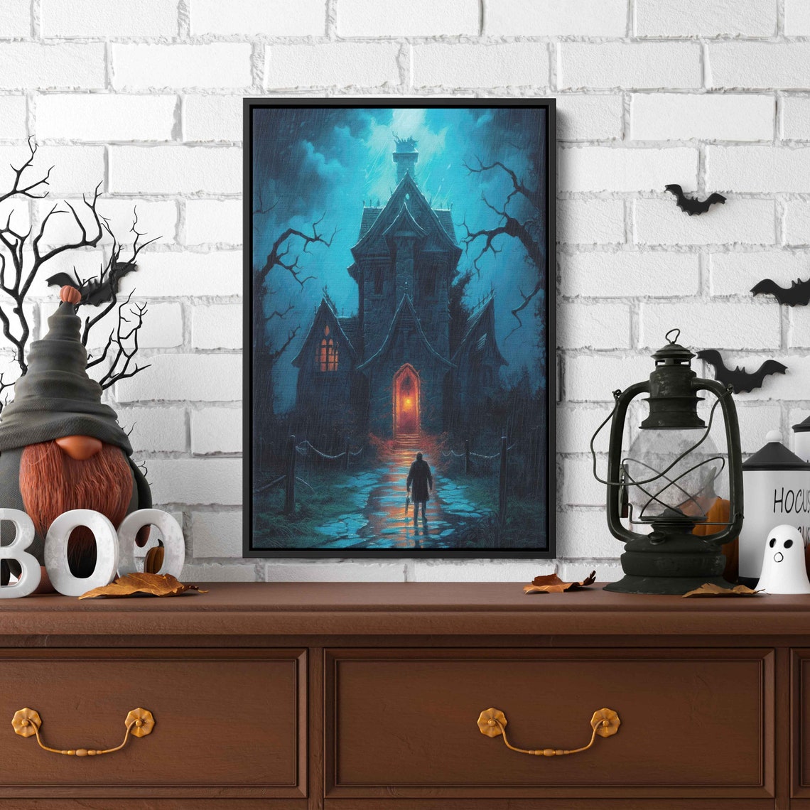 Spooky Haunted House Night Glowing Door Lone Figure Gothic Art Poster