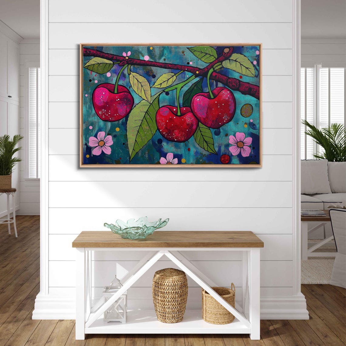 Ruby Red Cherries Pink Blossoms Teal Night Sky Art Print Poster - Image 3