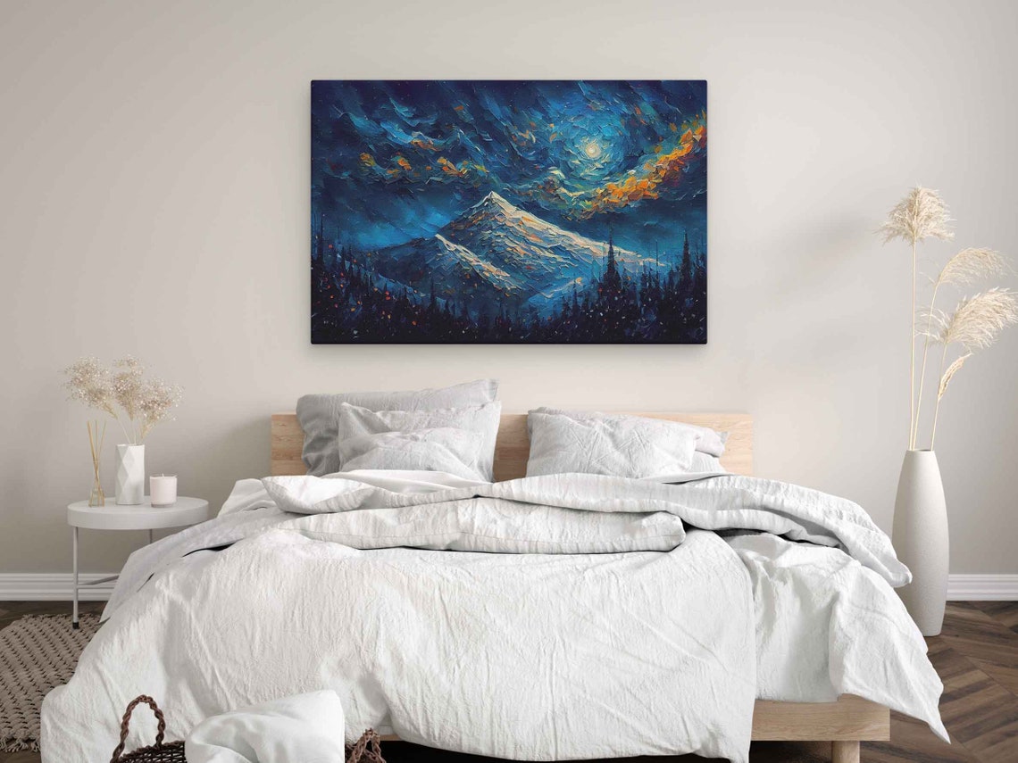 Starry Night Mountain Range Textured Oil Painting Palette Knife Technique Print On Ready To Hang - Image 3
