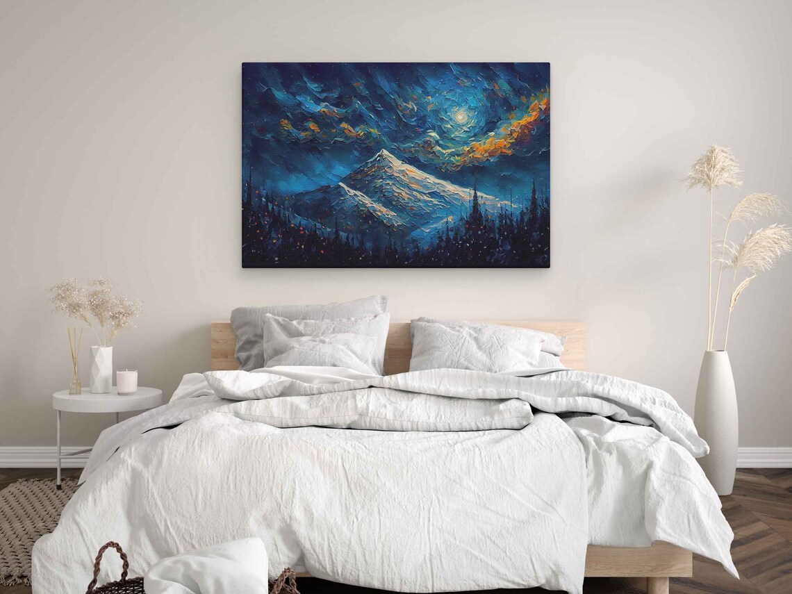 Starry Night Snowy Mountain Peak Moon Pines Textured Palette Knife Art Poster - Image 3