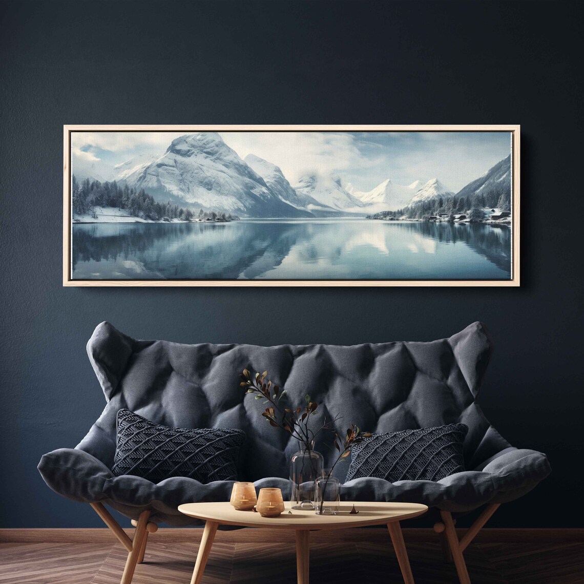 Serene Lakeside Vista Panoramic Wall Art Lake And Snowy Mountains Framed Print Ready To Hang - Image 3