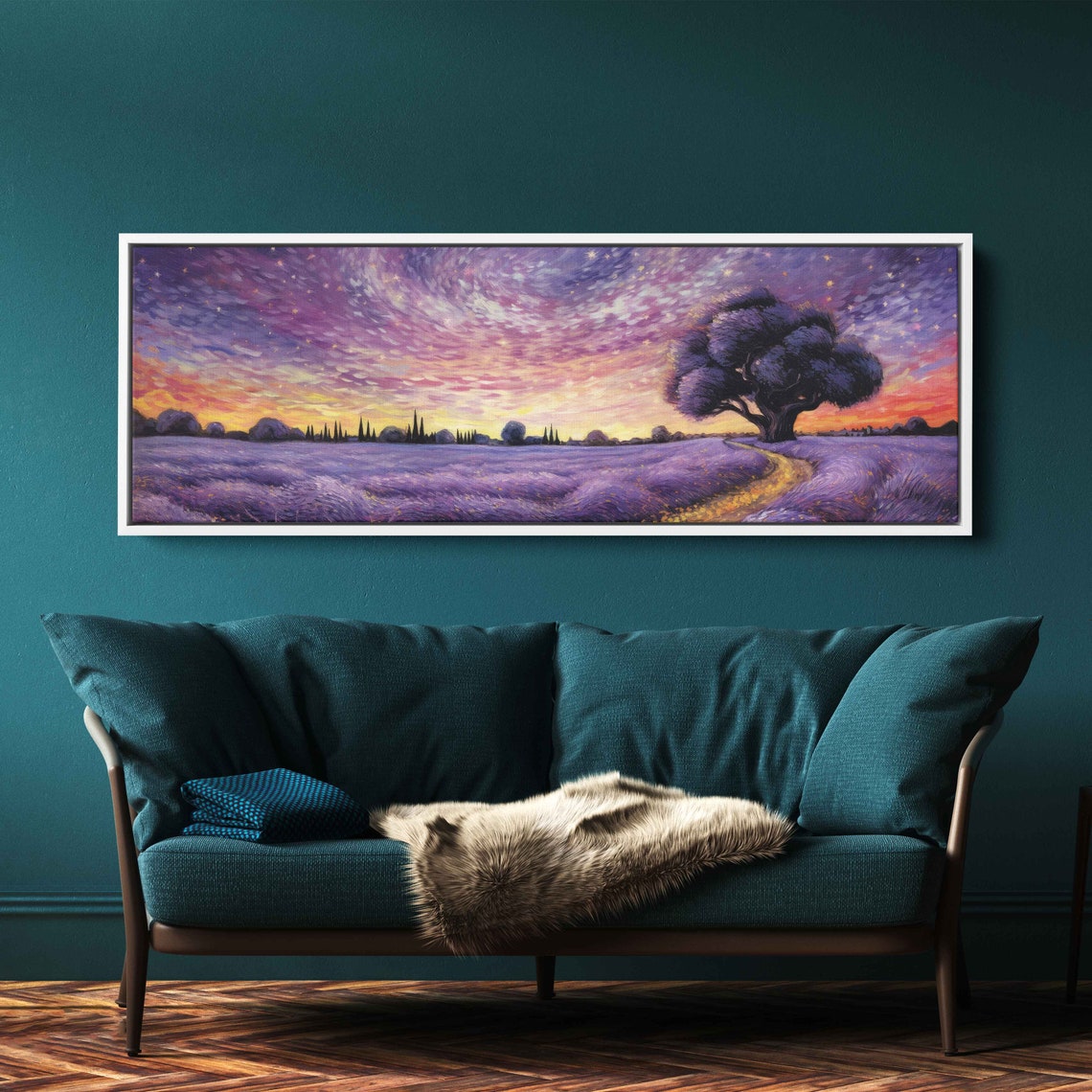 Lavender Field Starry Sunset Sky Golden Path Panoramic Art Poster - Image 3