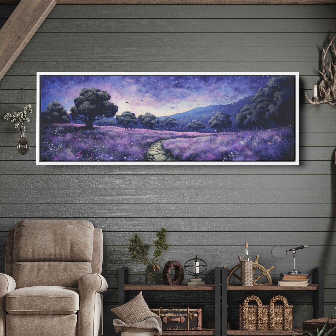Moonlit Lavender Field Stone Path Forest Night Sky Panoramic Print - Image 2