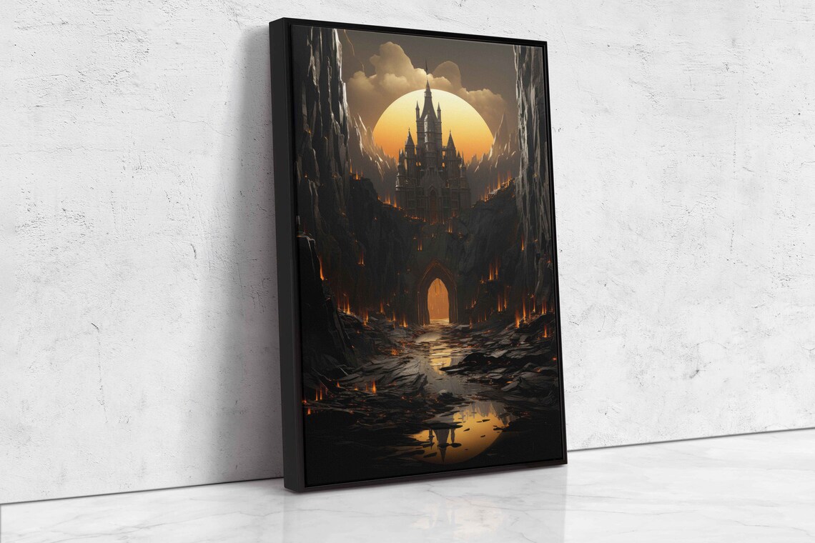 Dark Distant Sunrise Castle Wall Art Print Creepy Pathway Fantasy Art Mountain Crag Ready To Hang - Image 4