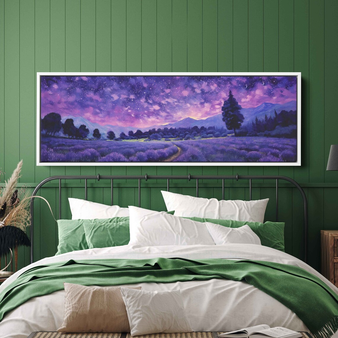 Lavender Field Colorful Starry Night Sky Panoramic Mountain View Art Poster - Image 3