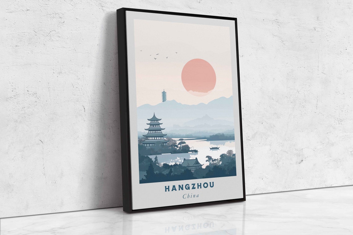 Hangzhou China Lake Pagoda Misty Mountains Minimalist Art Poster - Image 2