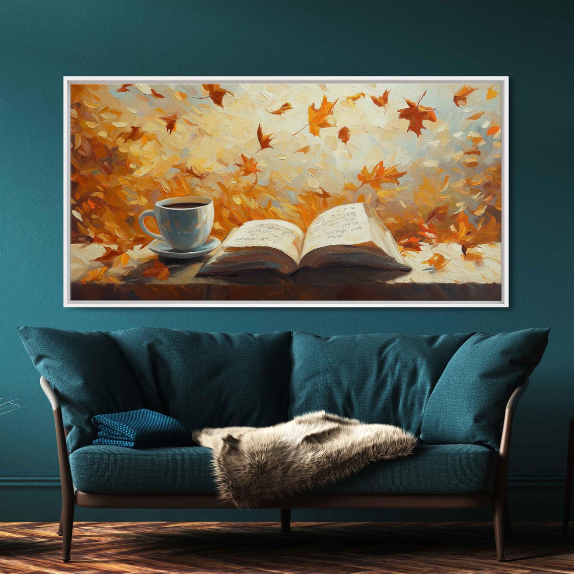 Open Book And Coffee Cup With Swirling Autumn Leaves Painting - Image 3