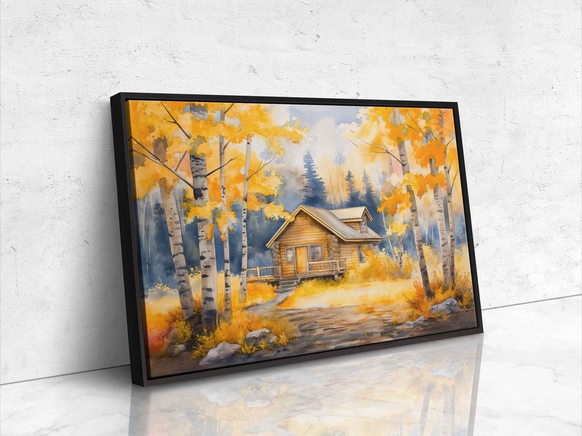 Log Cabin Among Golden Birch Trees In Autumn Watercolor Art Poster - Image 4