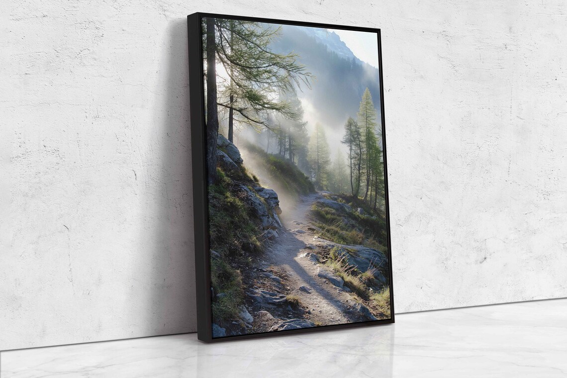 Mountain Path Through Sunlit Misty Forest Wall Art Print Ready To Hang - Image 4