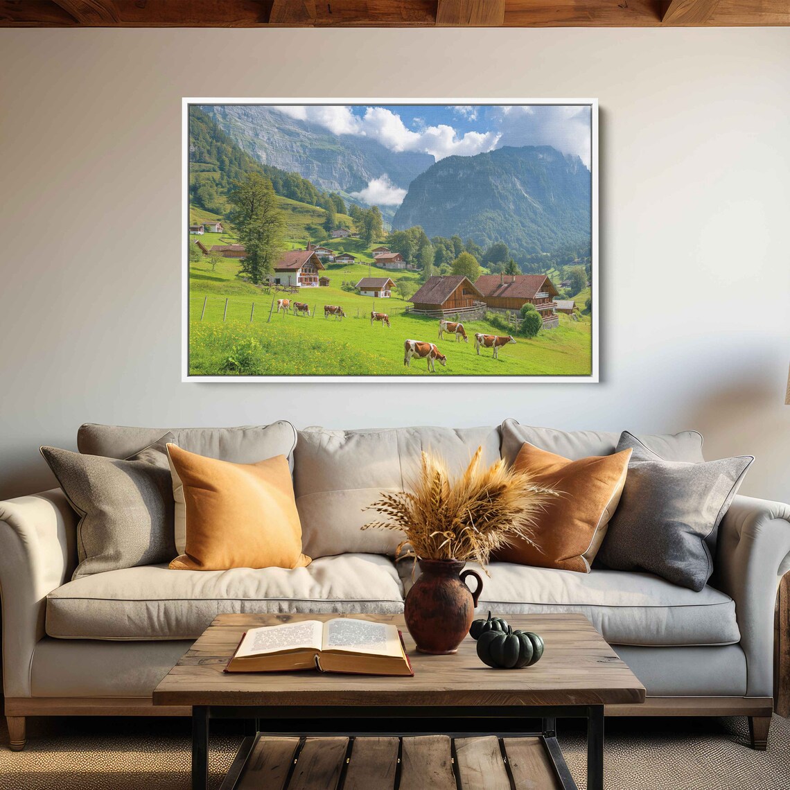 Green Alpine Pasture With Cows And Chalets Mountain Valley View Print - Image 2
