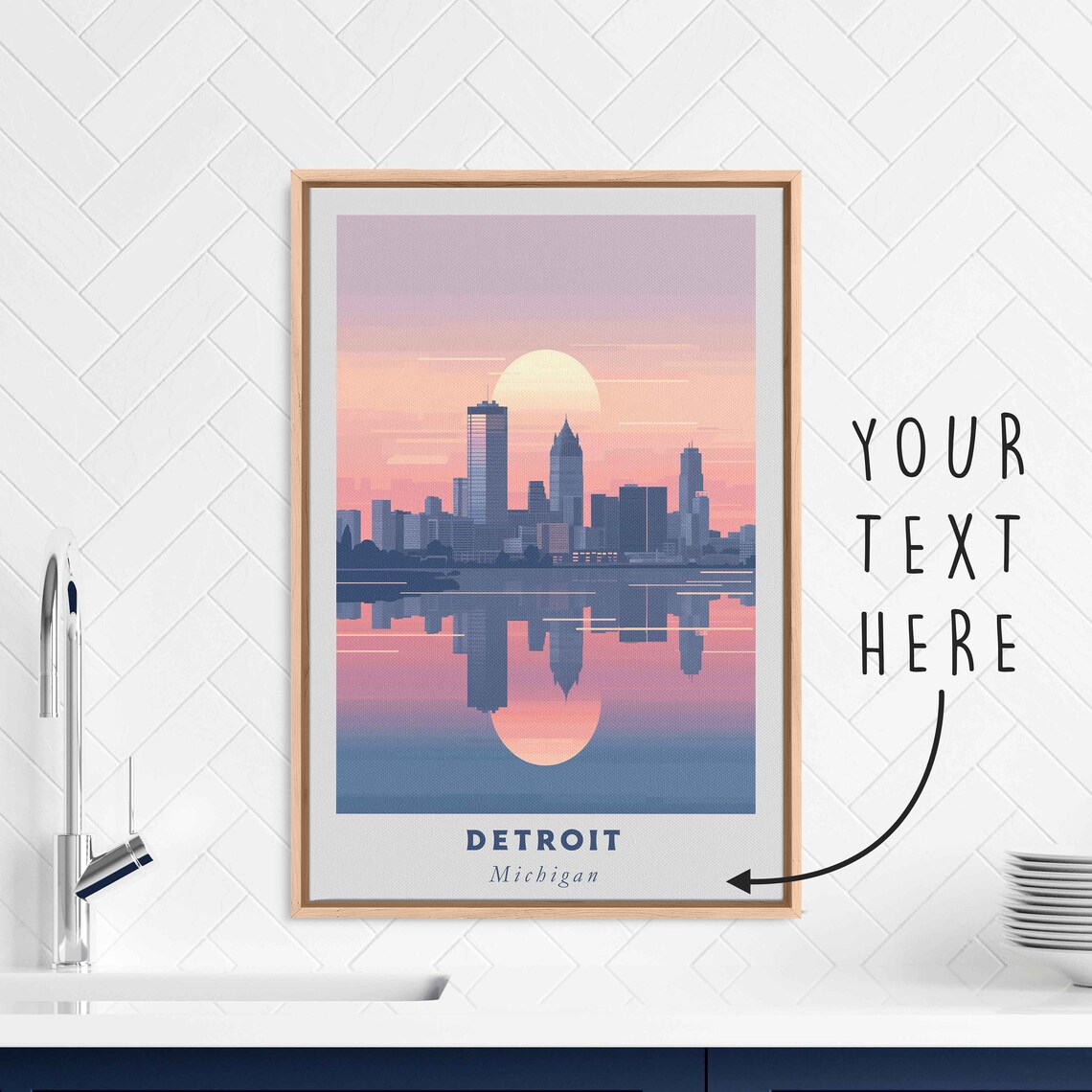 Detroit Michigan Skyline Water Reflection Sunset Travel Poster