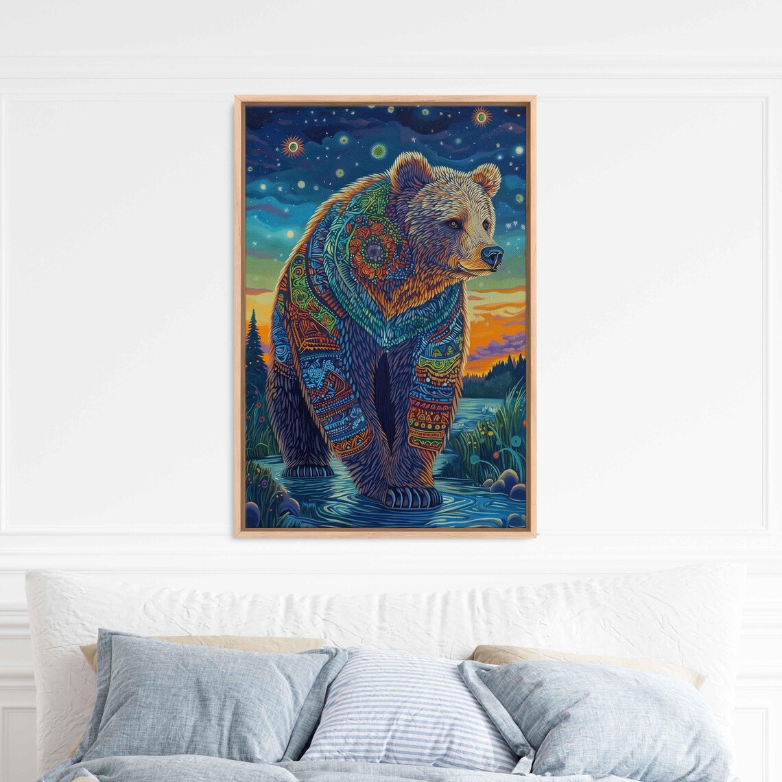Grizzly Bear Tribal Pattern Art Starry Night Vivid Colors Ornate Wildlife Acrylic Poster - Image 3