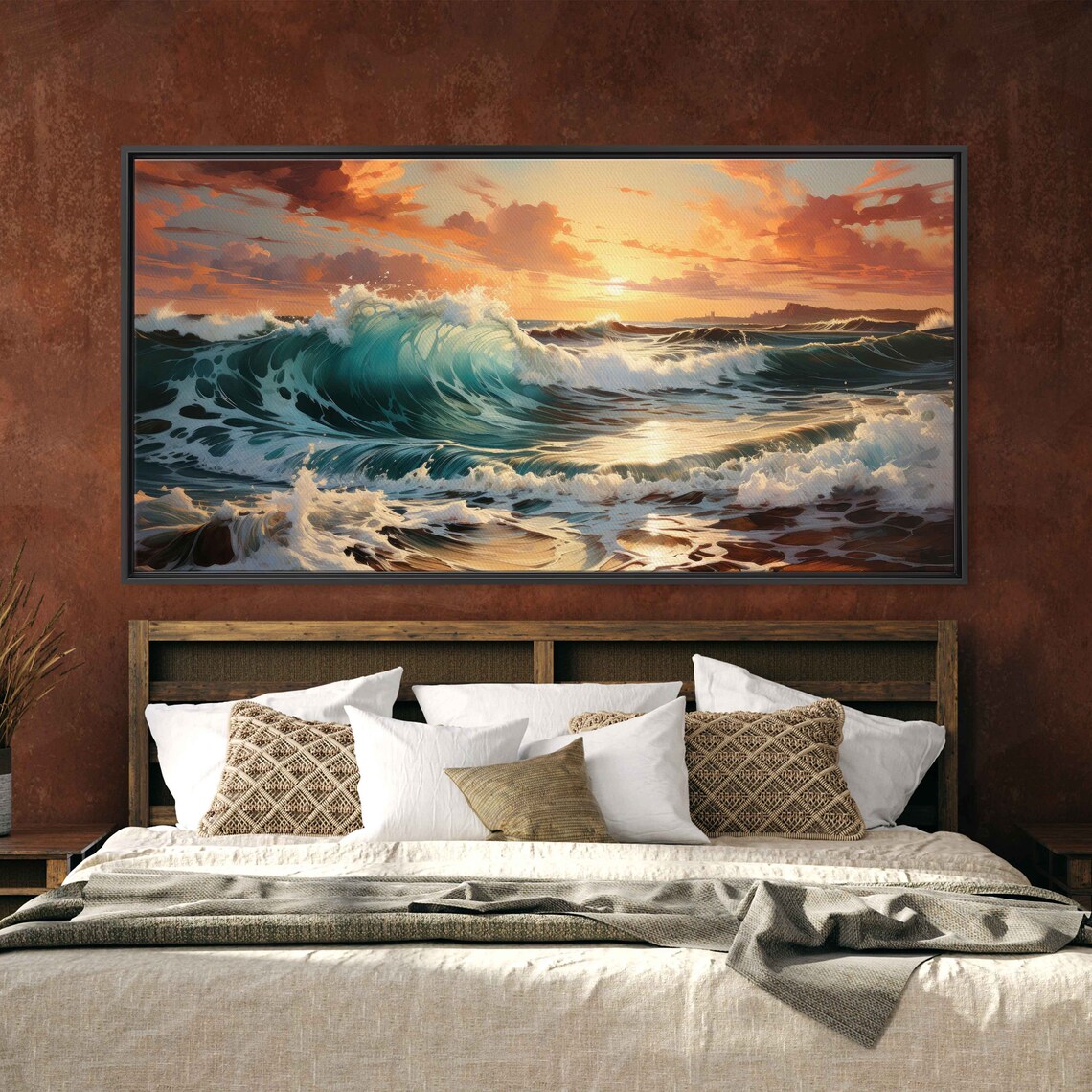 Crashing Ocean Waves Sunset Panoramic Teal Surf Seascape Painting Poster - Image 2