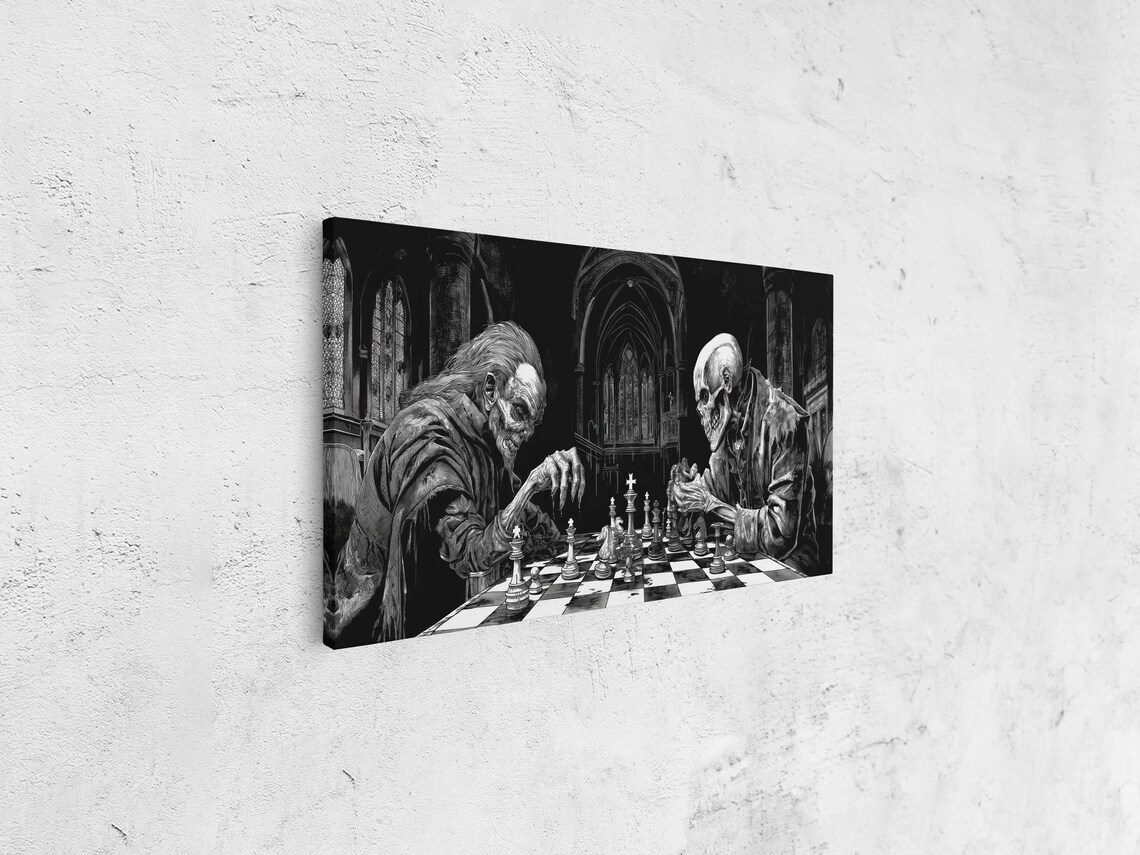 Skeleton Playing Chess Against Vampire In Gothic Cathedral Hall Ink Poster - Image 4