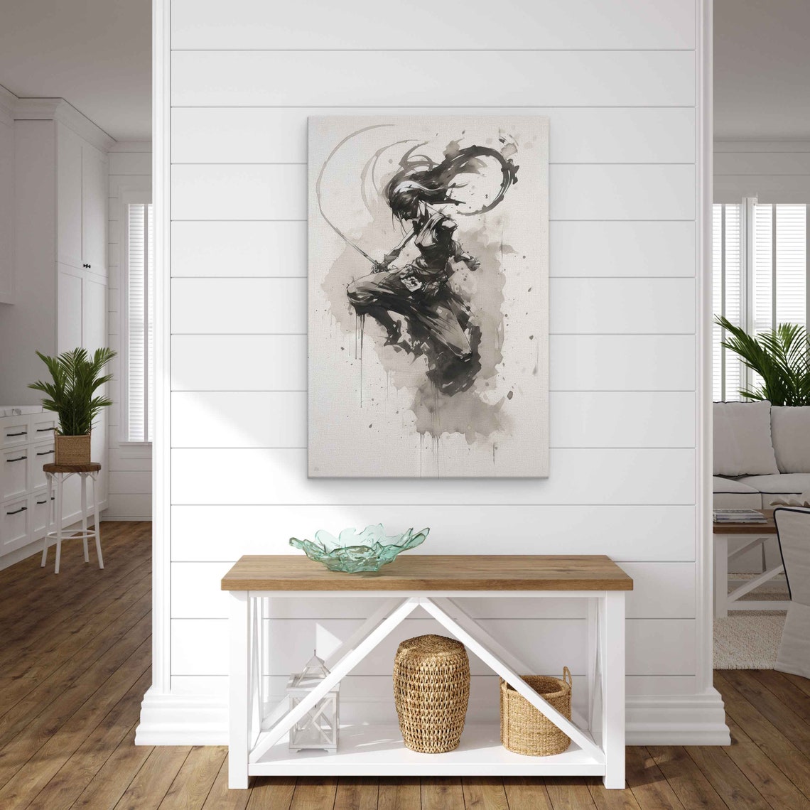 Black Ink Samurai Warrior Dynamic Sword Pose Japanese Sumi E Wall Art - Image 2