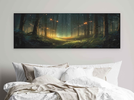 Stunning Enchanted Firefly Forest Panoramic Oil Painting Print On Ready To Hang Framed Option Bedroom Decor