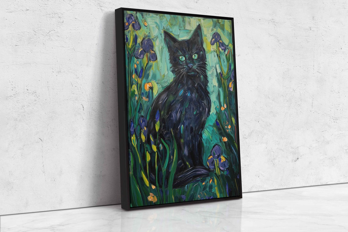 Black Cat Green Eyed Iris Garden Flowers Whimsical Portrait Art Poster - Image 4