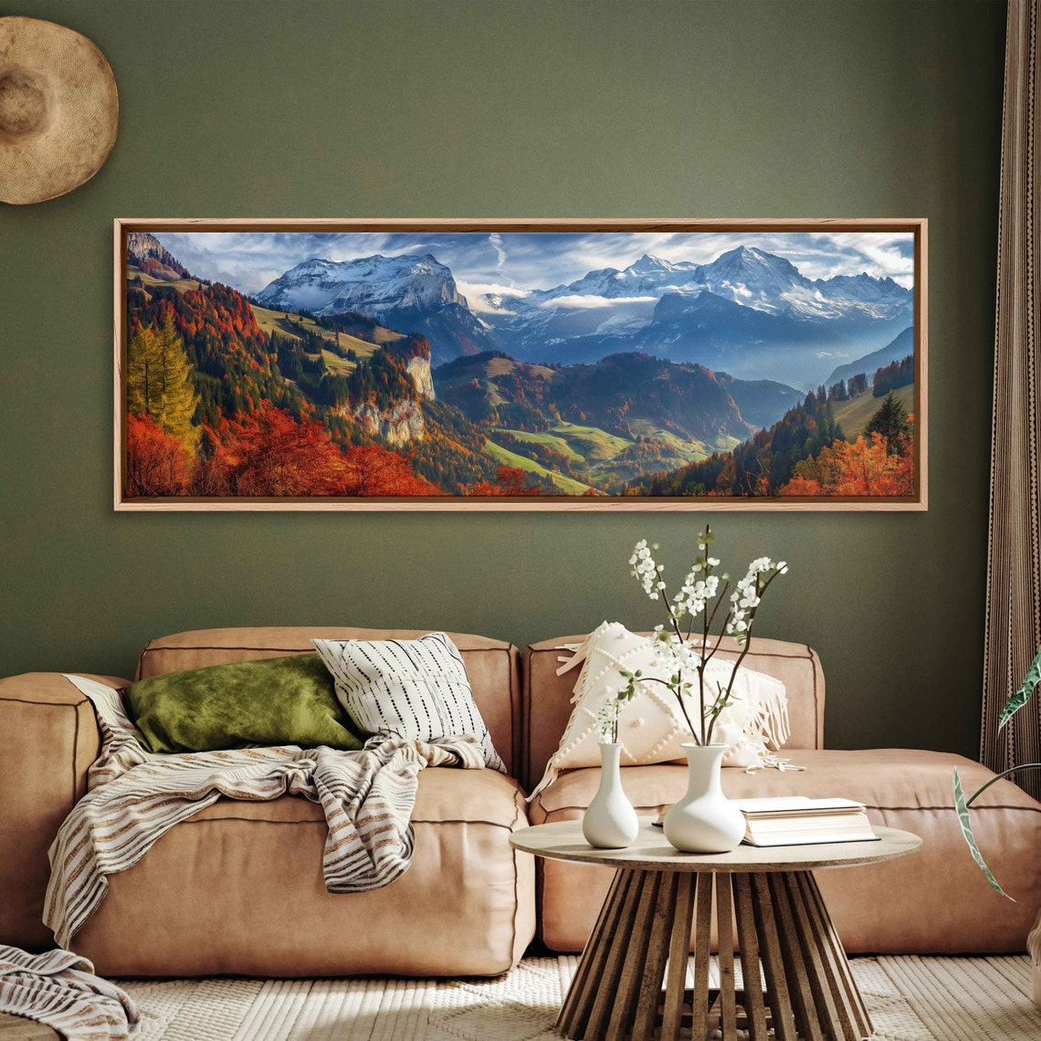 Swiss Alps Autumn Snow Peaks Fiery Fall Forest Panoramic Travel Poster