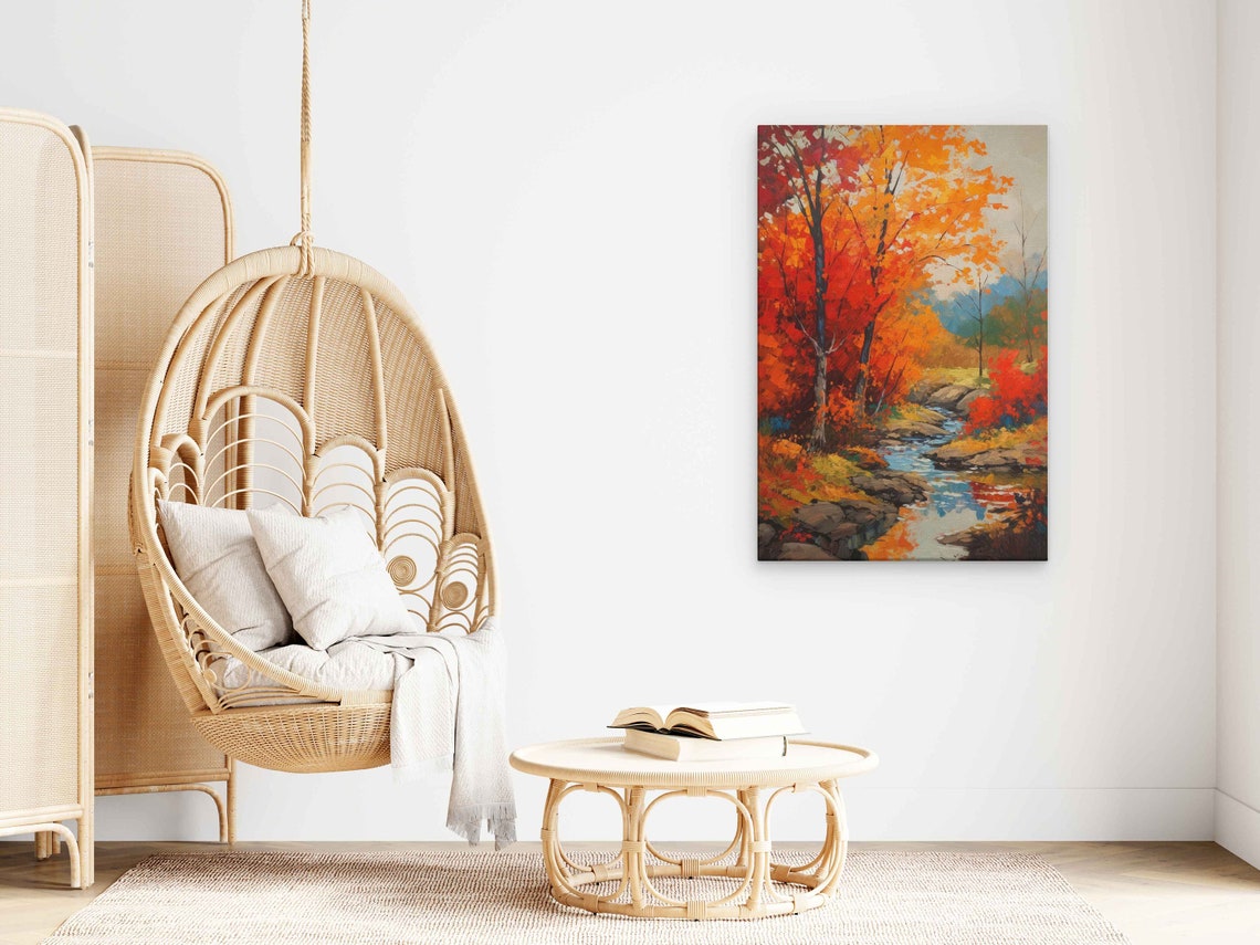 Autumn River Landscape Orange Foliage Rocky Stream Painting Poster - Image 3