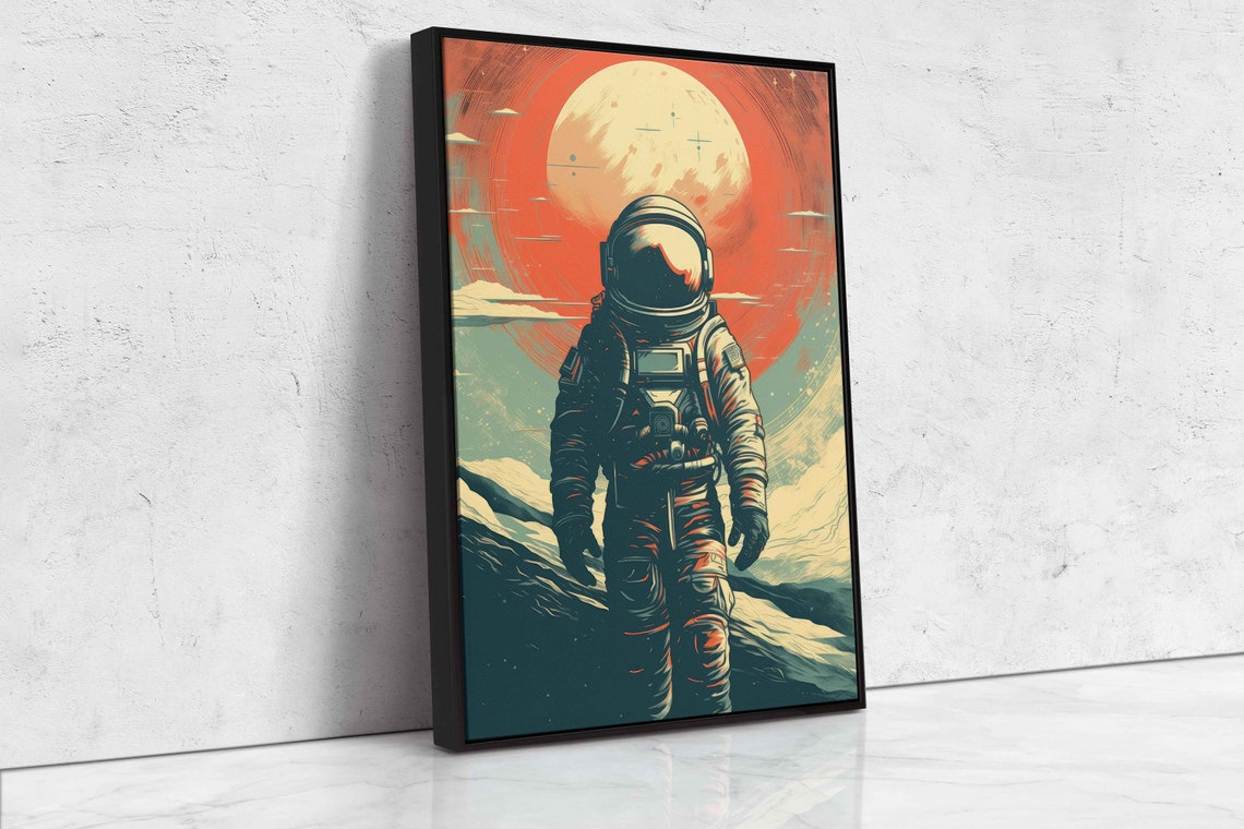 Retro Astronaut Space Art Giant Moon Earth Tone Vintage Style Poster - Image 4