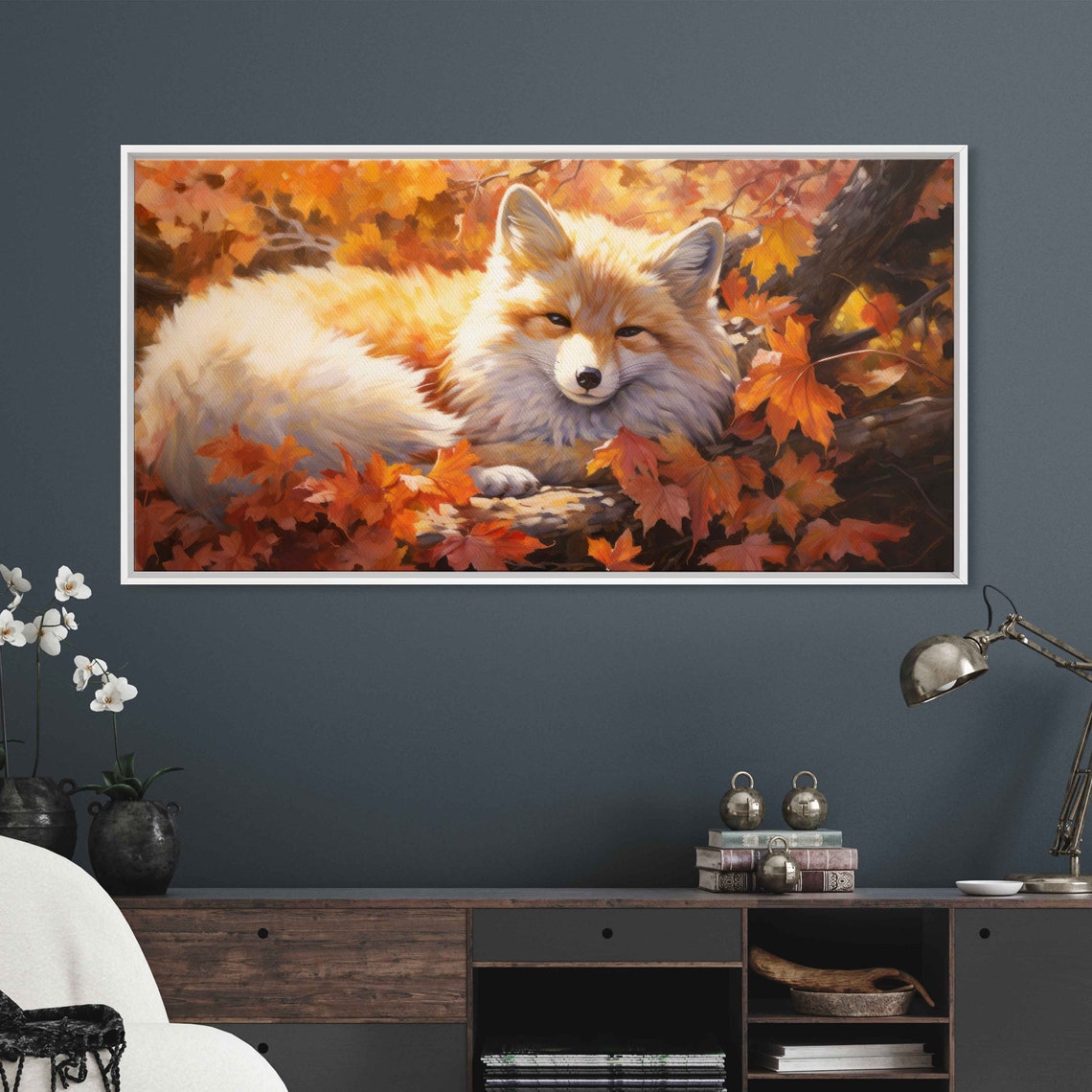 Sleepy Fox Curled In Autumn Leaves Warm Orange Forest Art Print - Image 2