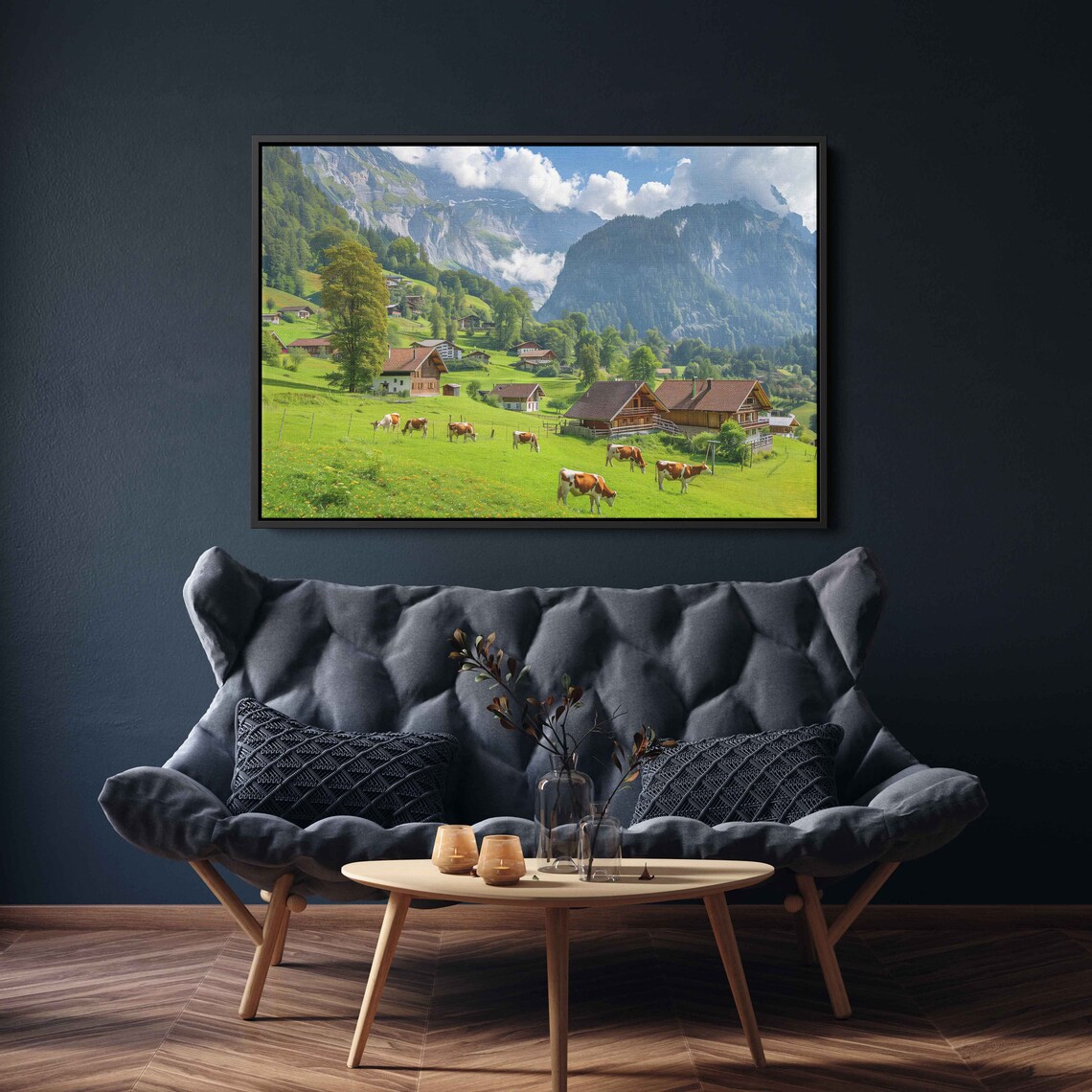 Alpine Village With Grazing Cows Mountain Chalets Summer Meadow Poster - Image 4