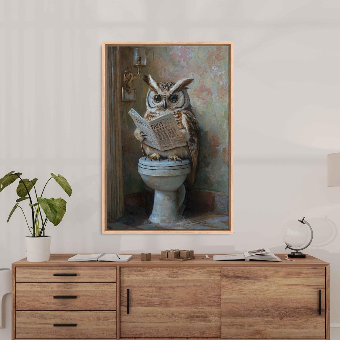 Owl Reading Newspaper On Toilet Vintage Bathroom Humor Wall Art Print