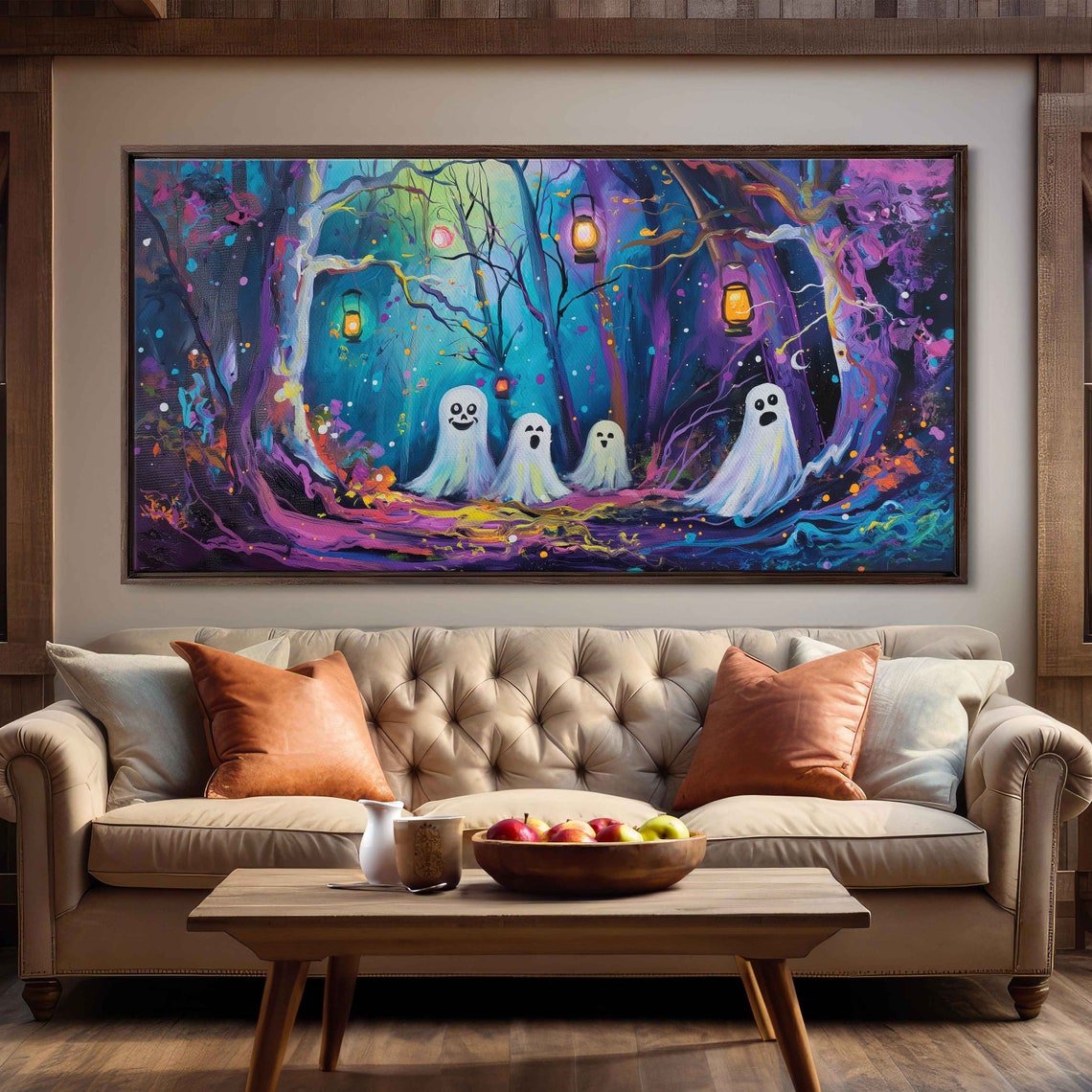 Friendly Ghosts In Neon Enchanted Forest Glowing Lanterns Poster - Image 3