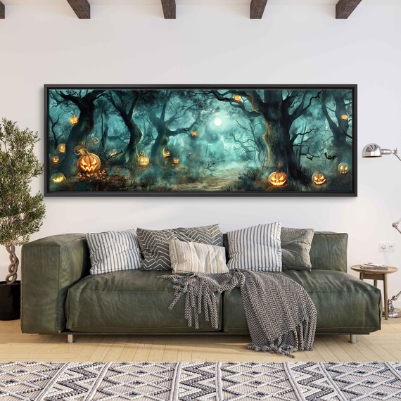Moonlit Forest Path Glowing Jack O Lanterns Foggy Night Halloween Print