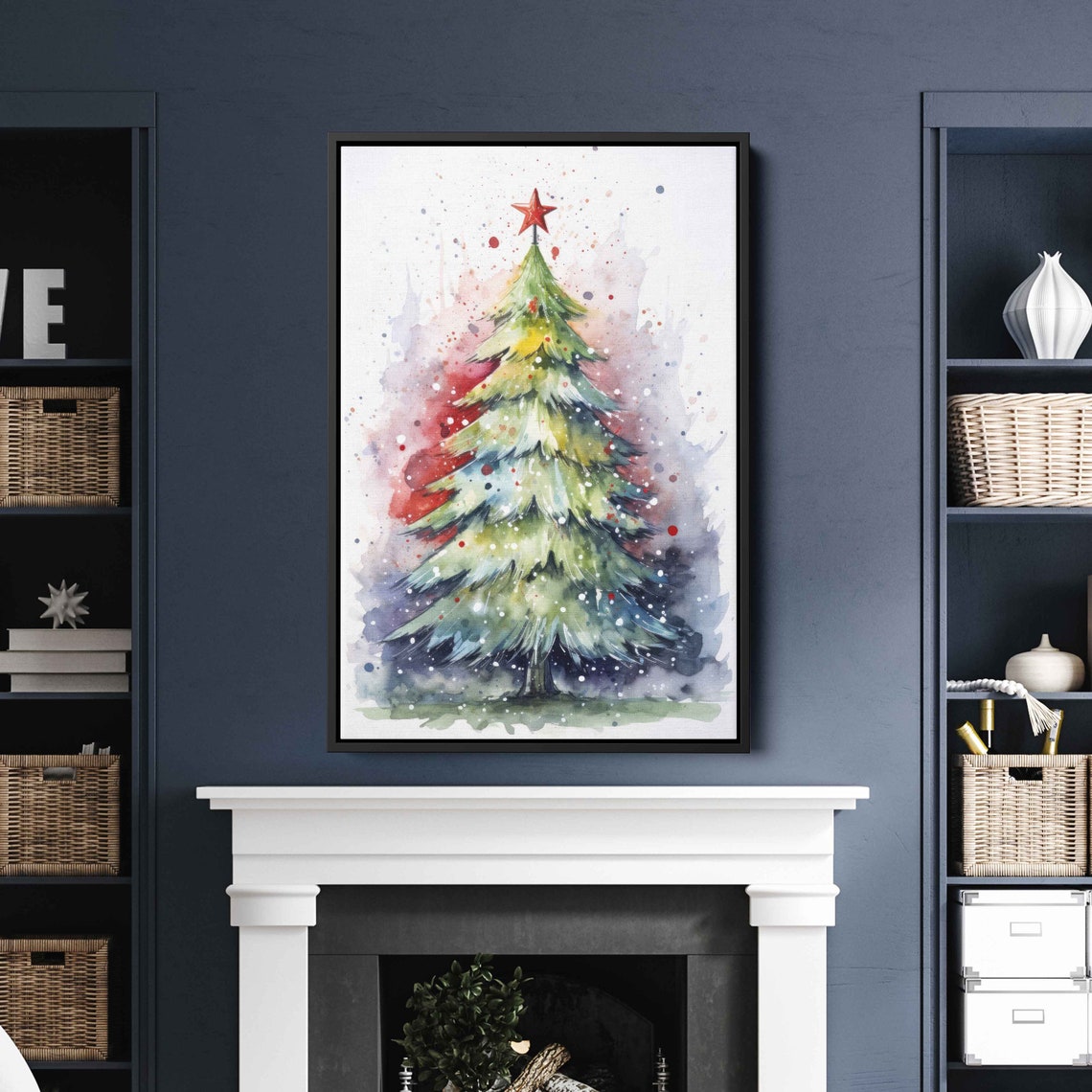 Festive Green Christmas Tree Watercolor Red Star Splash Art Poster - Image 4
