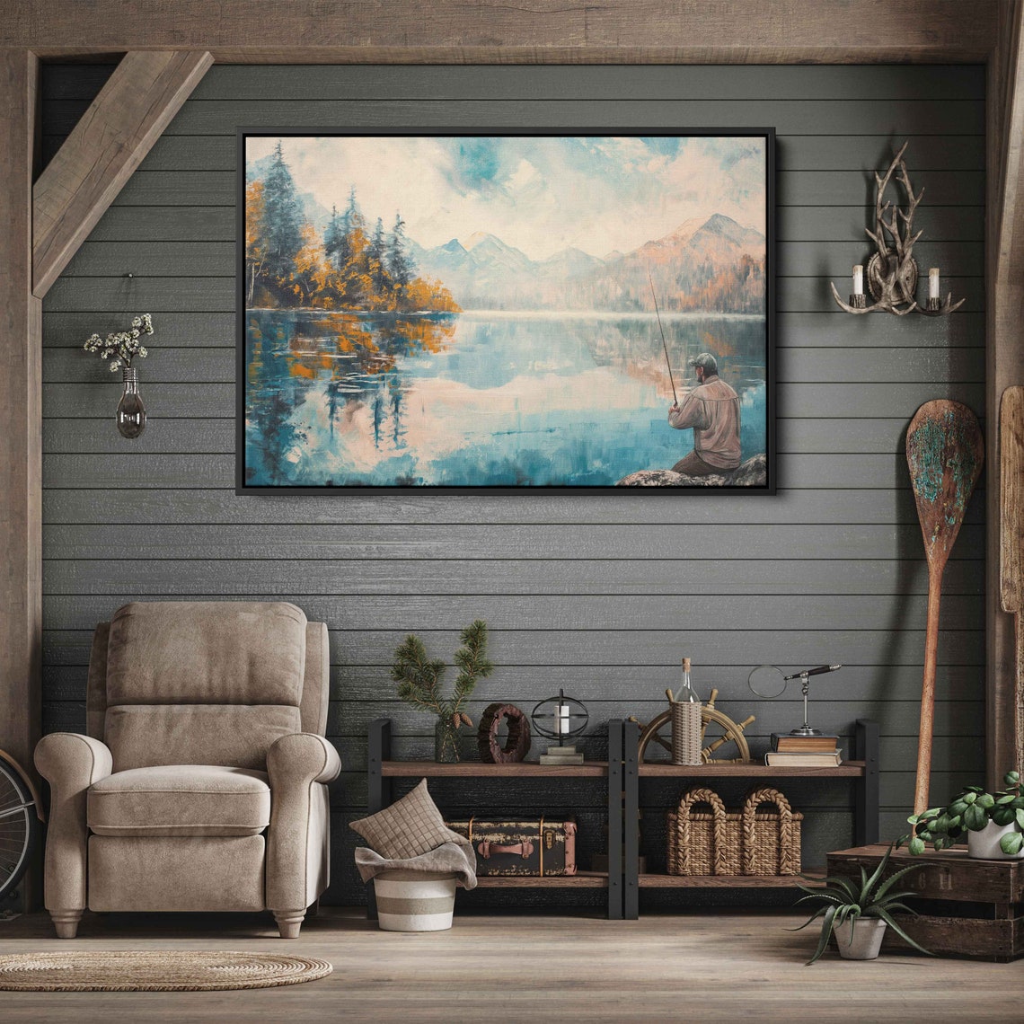 Lone Fisherman on Autumn Lake Shore Mountain Reflections Art Poster - Image 2