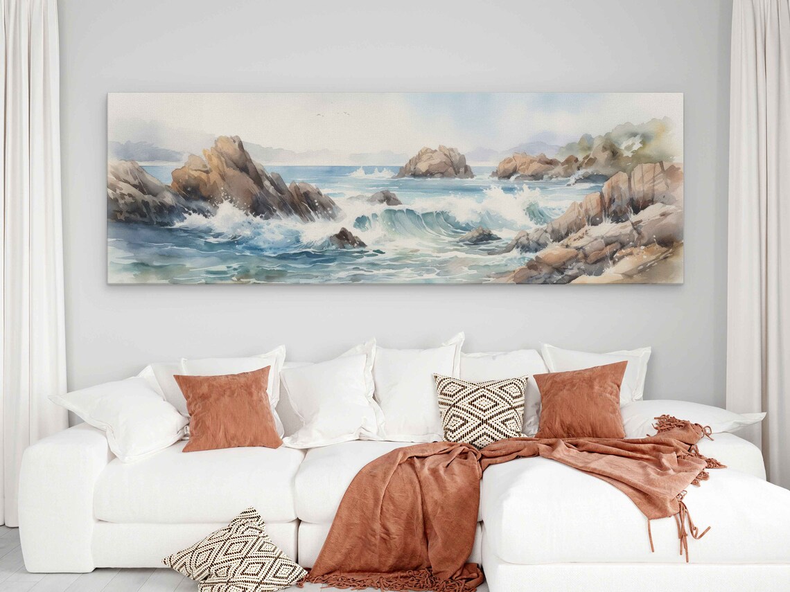 Ocean Waves Crashing On Rocky Coast Watercolor Panoramic Travel Poster - Image 2