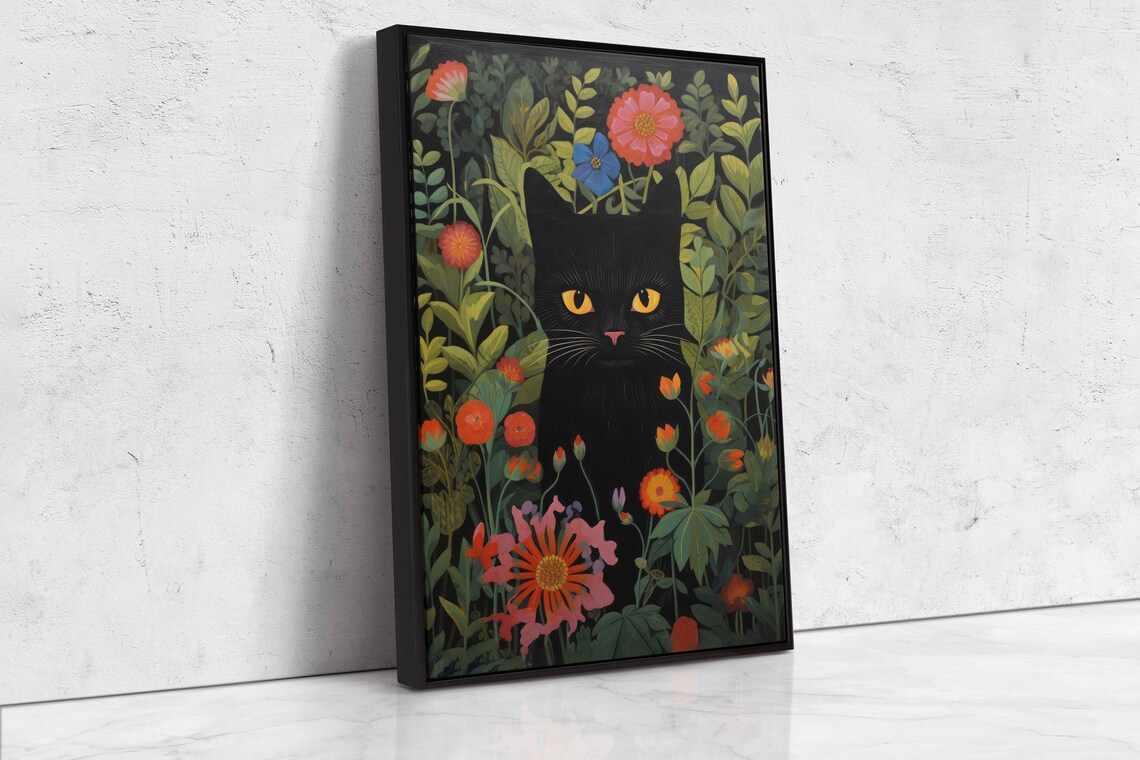 Black Cat With Golden Eyes Hiding Among Colorful Flowers Art Print - Image 4