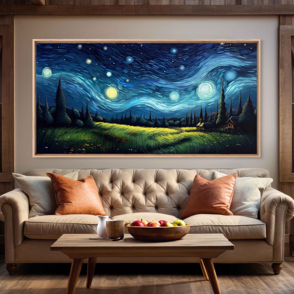 Starry Night Farmhouse Cypress Trees Green Field Swirling Sky Poster - Image 2