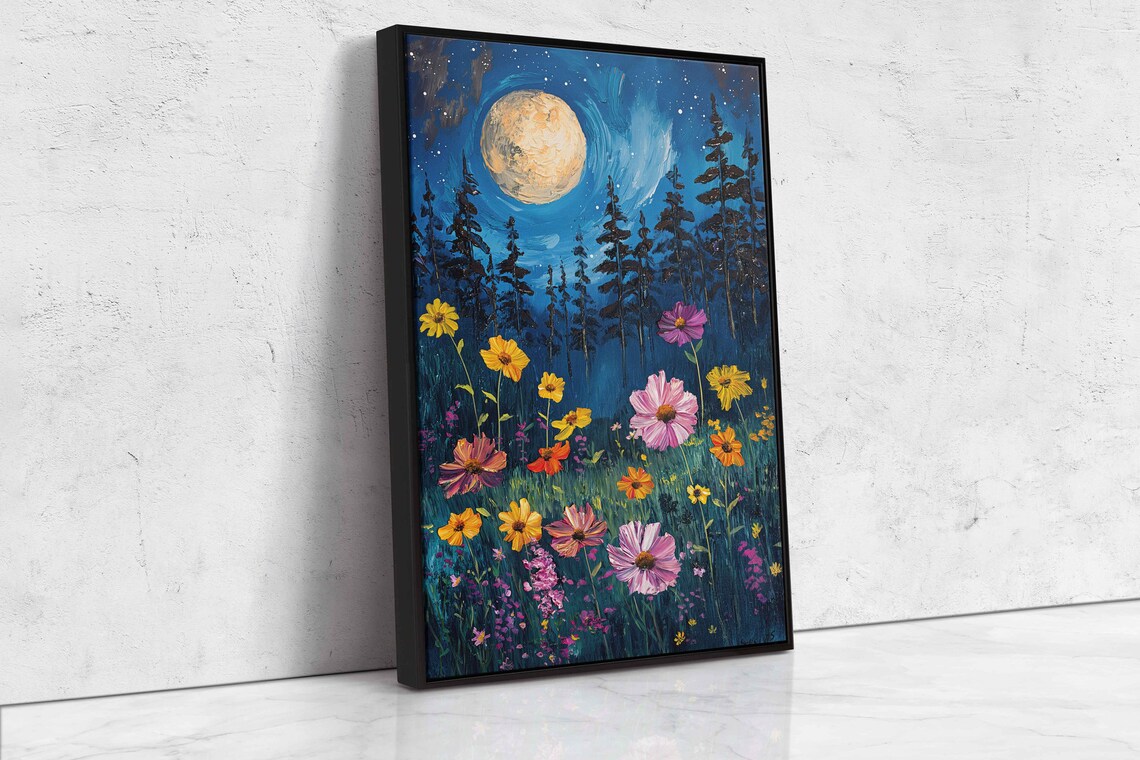 Full Moon Wildflower Meadow Pine Forest Night Sky Bloom Painting Poster - Image 4