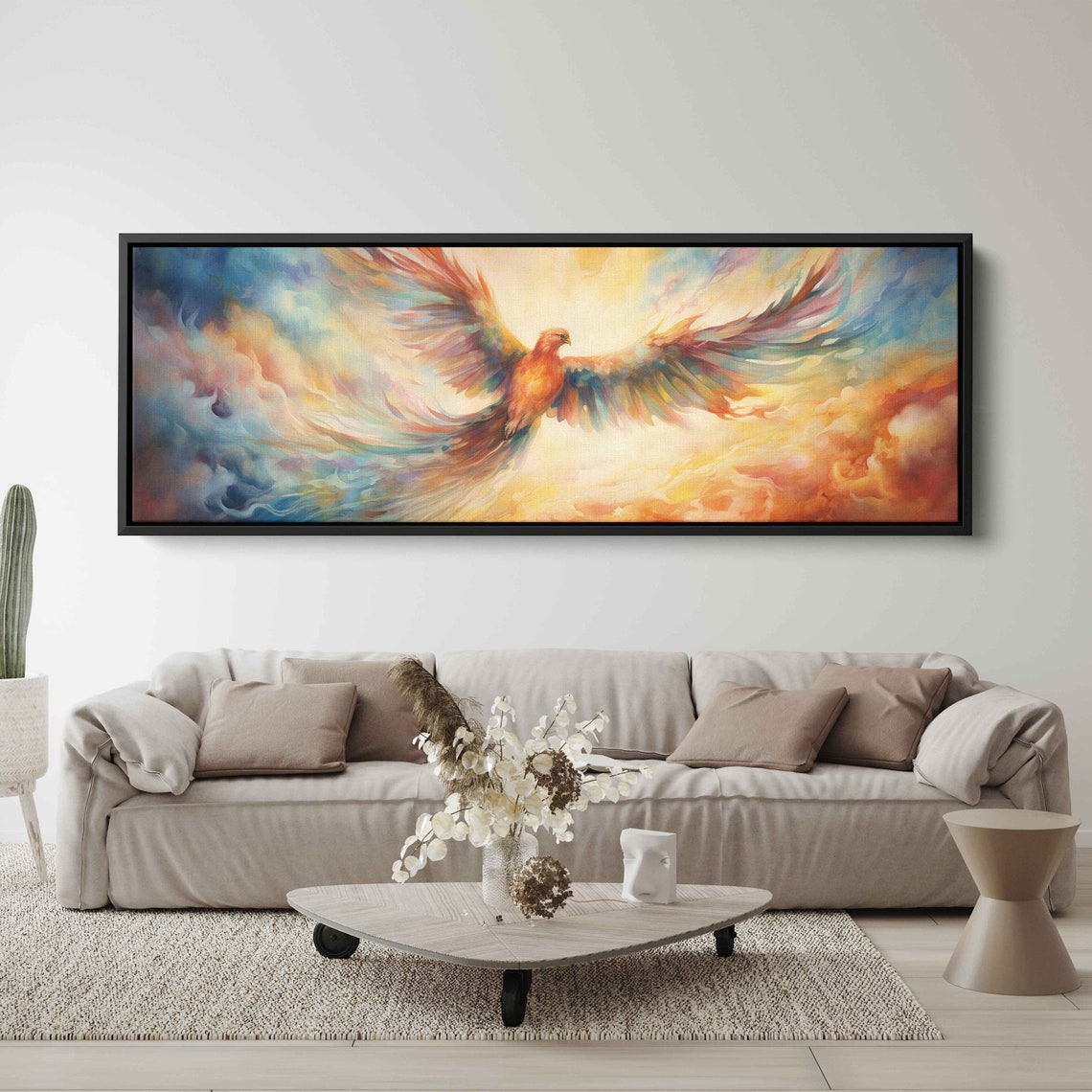 Phoenix Soaring Pastel Clouds Watercolor Panoramic Rebirth Bird Art