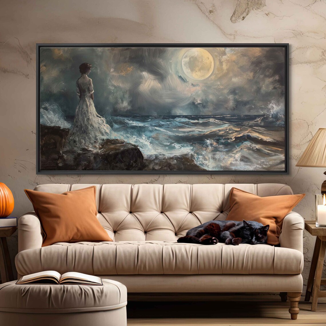 Ghostly Woman In Vintage Dress On Cliff Moonlit Ocean Halloween Art - Image 3