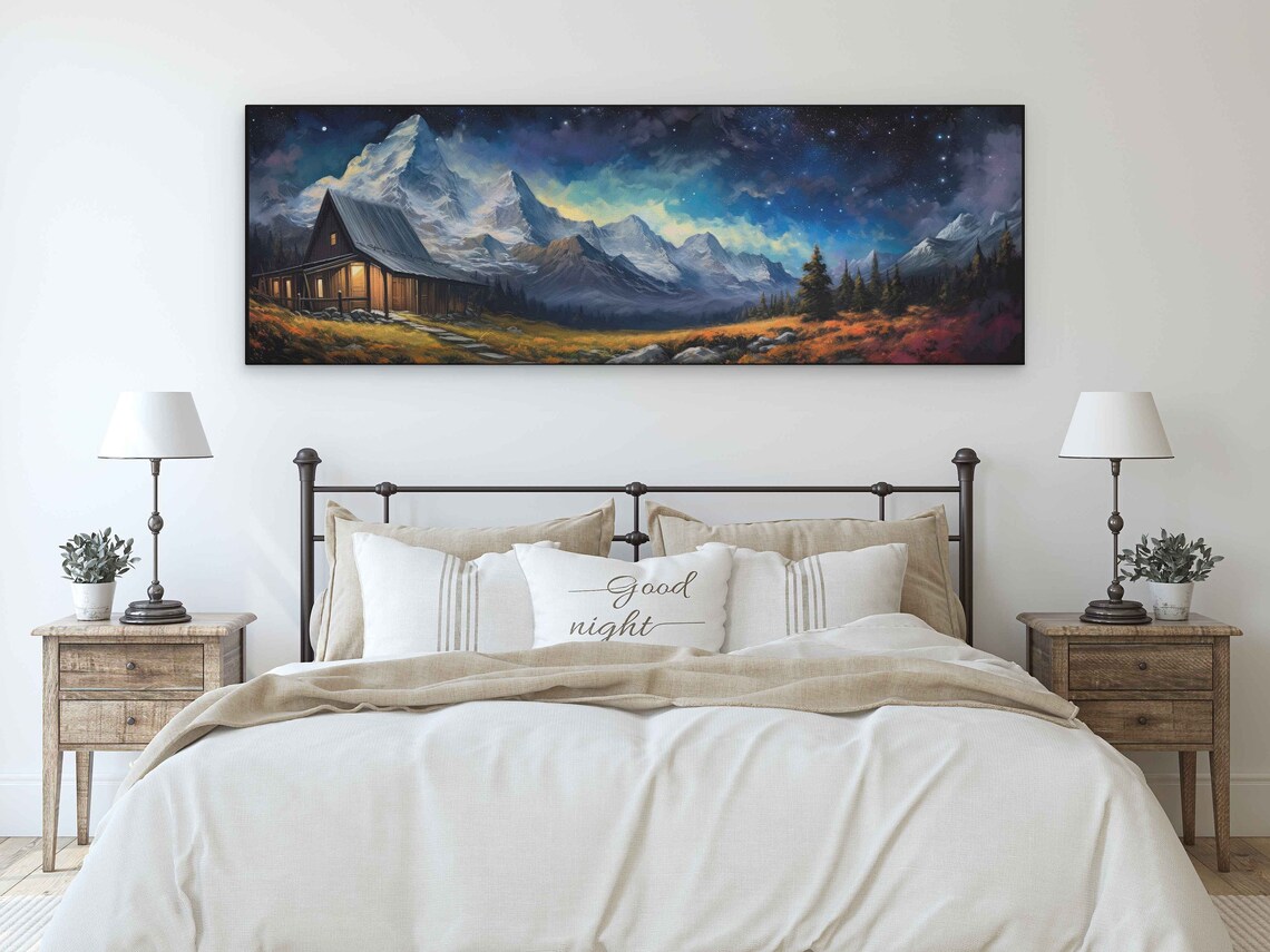 Panoramic Cabin Starry Night Sky Snowy Mountain Golden Meadow Art Poster - Image 3