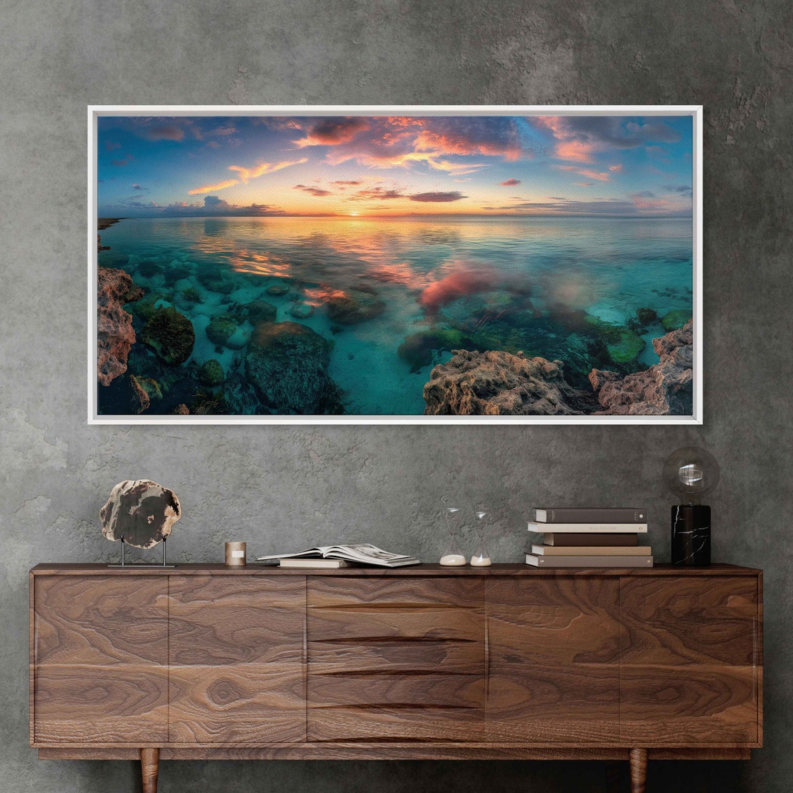 Ocean Sunset Over Crystal Clear Turquoise Water Rocky Shore Poster - Image 3