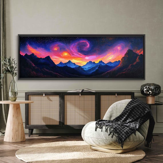 Starry Sky Over Rugged Mountains Wall Art Print Vivid Acrylic Painting Cosmic Colors