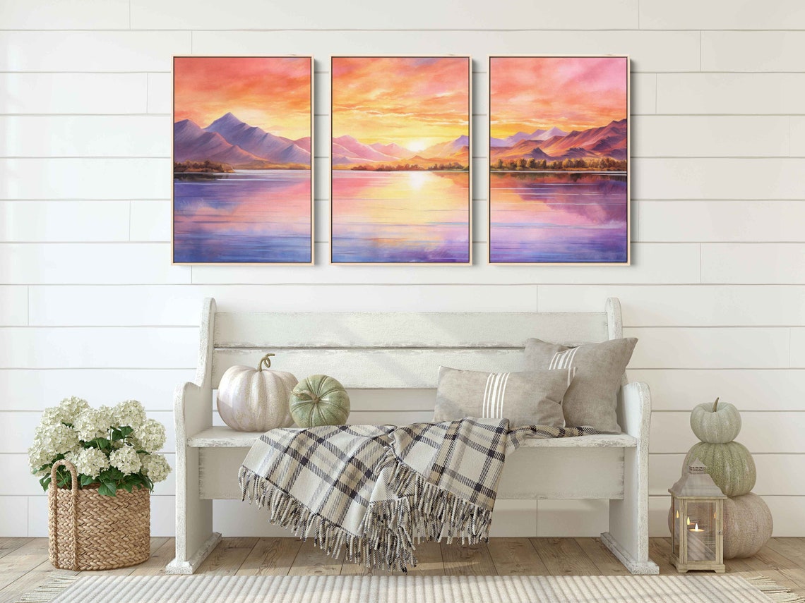 Mountain Lake Sunset Watercolor Triptych Colorful Panoramic View Print - Image 4